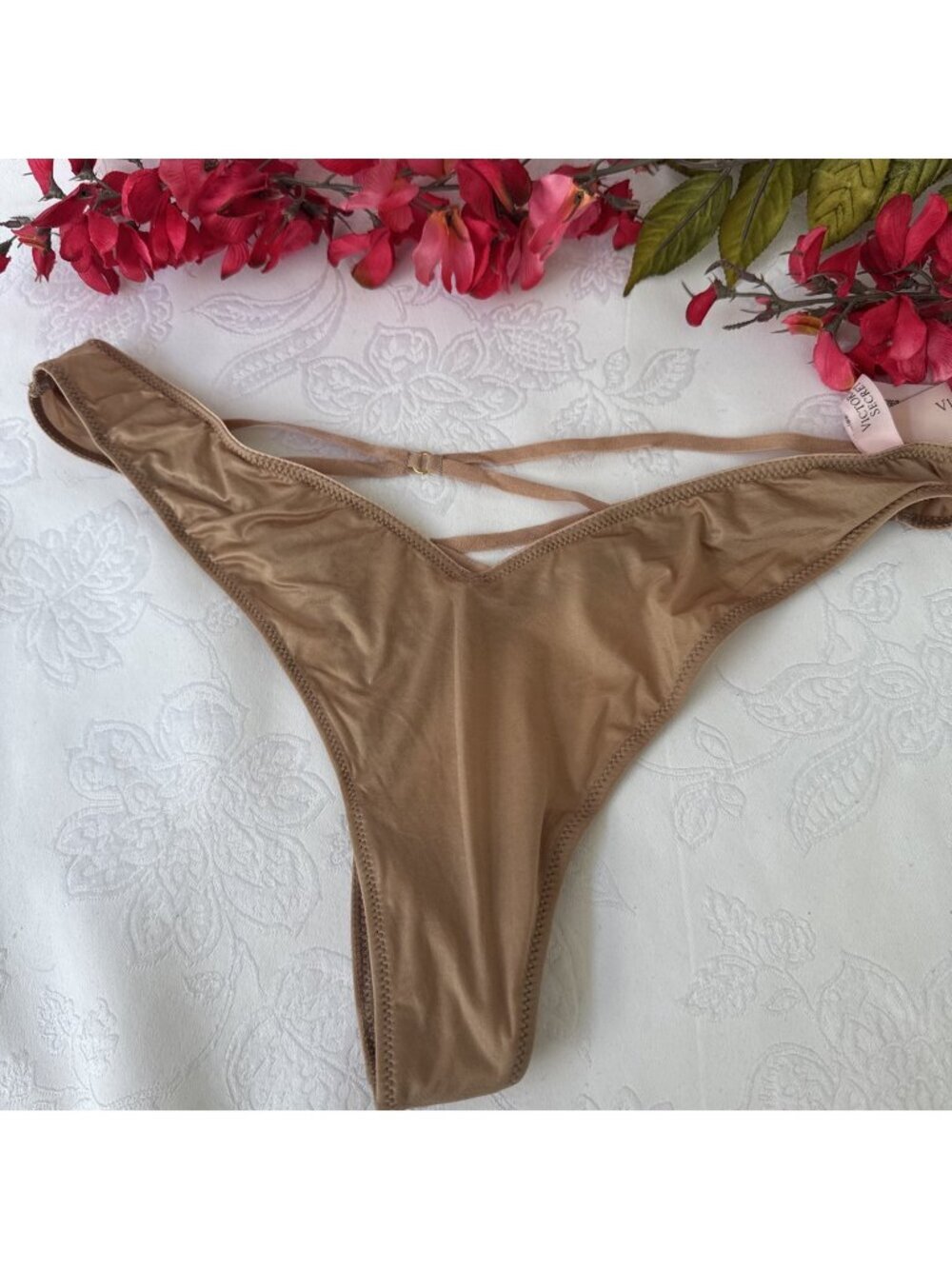 VICTORIA'S SECRET S NUDE SILKY SEXY STRAPPY CHARM HI LEG TANGA THONG PANTIES NWT